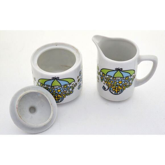 CREAMER AND SUGAR SET-Flower Cart-Blue Green Yellow Flowers-Japan-Small - Picture 3 of 9